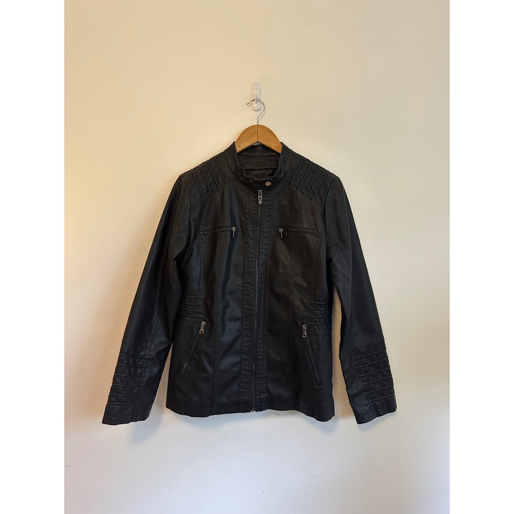 Tanming Black Faux Leather Moto Jacket | Size Large
